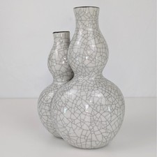 Vtg Crackle Double Gourd Vases White Glaze Ceramic Asian Decor MMA WAQ 1994