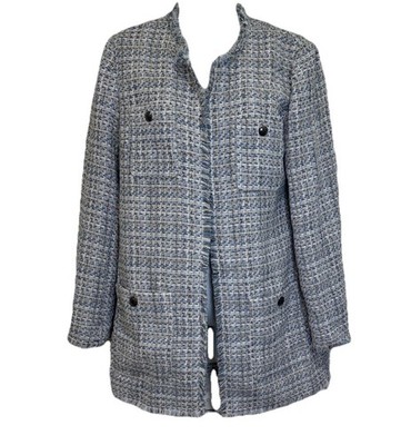 Elie Tahari Women's Blue and White Tweed Blazer with Pockets Size M