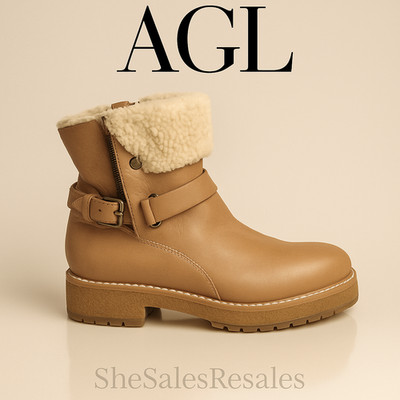 AGL Apreski Beak Shearling Lined Leather Ankle Boots Tan Made in Italy Women s N