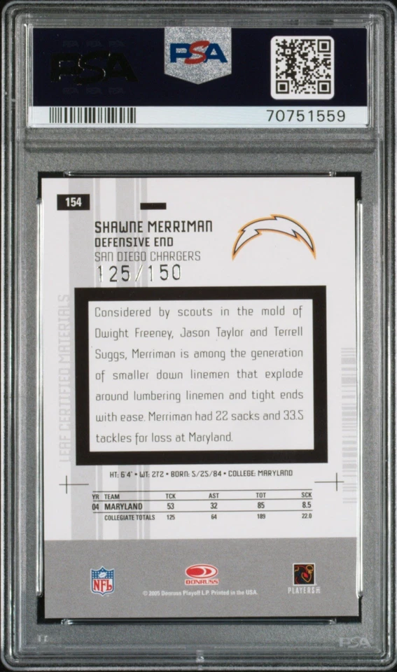 2005 Leaf Cert. Shawne Merriman Mirror White Rookie RC /150 PSA 9 Mint Chargers - Image 2 of 2