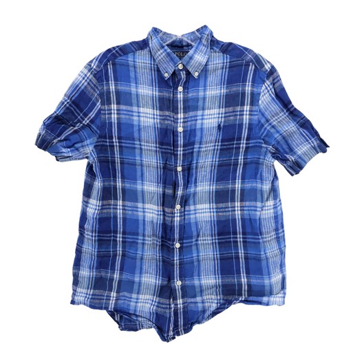 POLO RALPH LAUREN Boys 100% Linen Button Down Shirt Blue Plaid EUC Size XL 18-20
