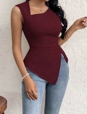 Women s Burgundy Asymmetrical Hem Sleeveless Square Neck Fitted Blouse Top