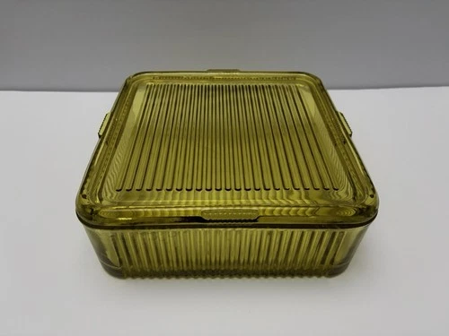 Vtg Federal Glass Amber Golden Yellow Square Refrigerator Dish w/ Lid 8.5 X 8.5