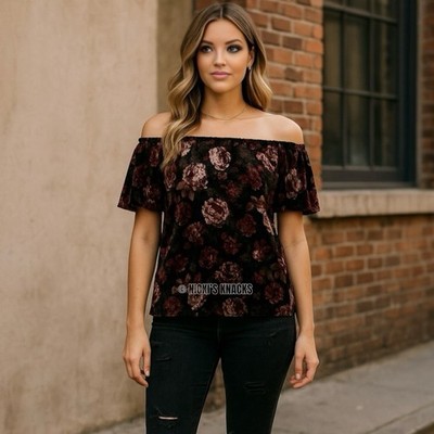 BCX Y2K Velvet Floral Off Shoulder Top Open Back Grunge Popover Blouse Size M