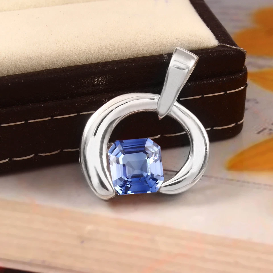 Zaffiro Blu Taglio Asscher Ciondolo, 925 Argento Sterling, Settembre Del Mese - Immagine 3 di 4
