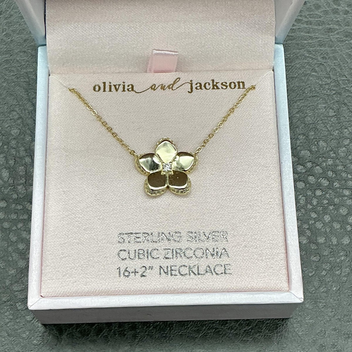 Olivia and Jackson Flower Necklace Sterling Silver Gold Cubic Zirconia  16+2