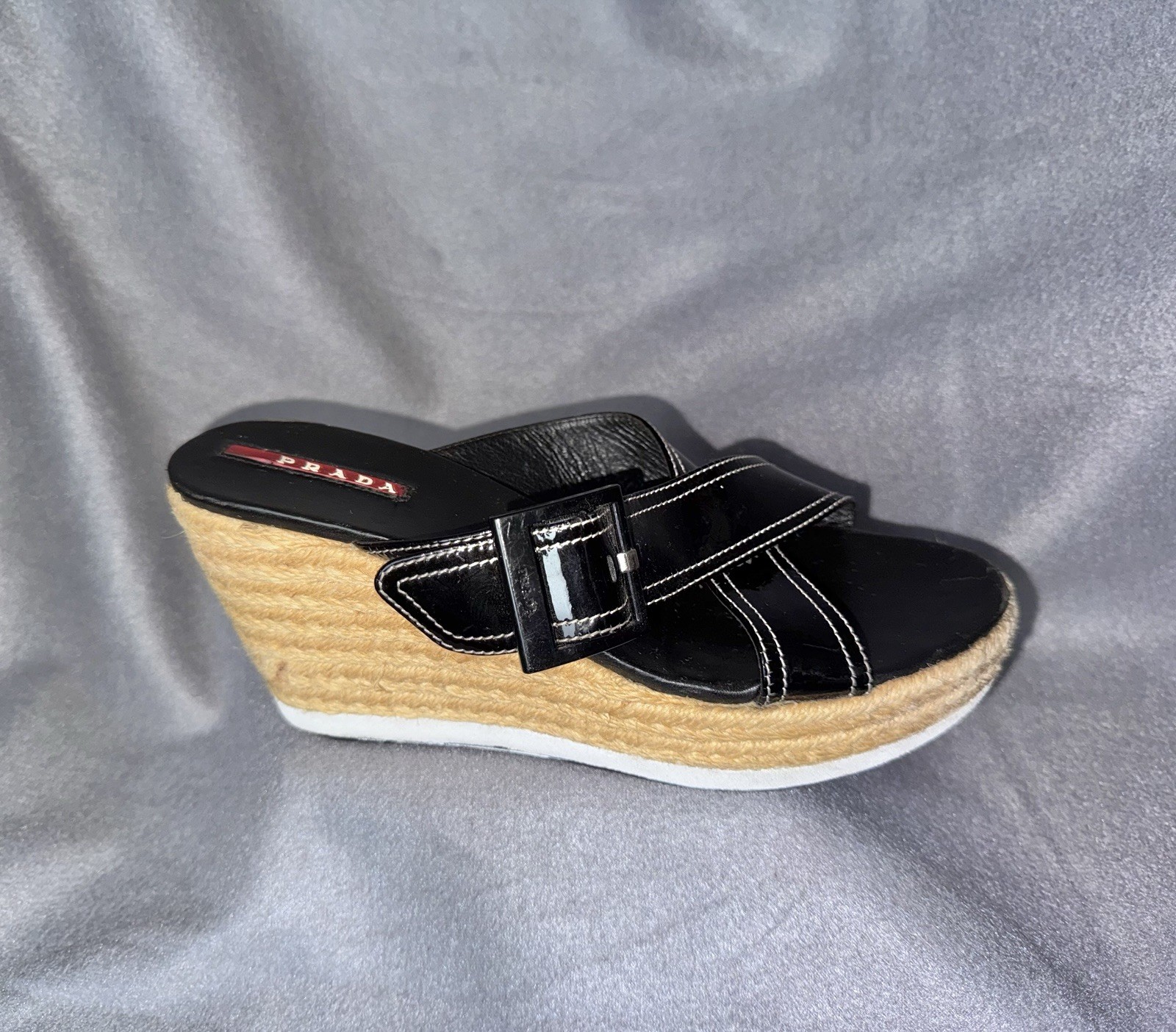 Prada Black Patent Leather Linea Rossa Espadrille Wedge Sandal 37 image 2