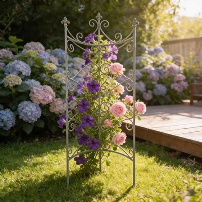 Wrought Iron Garden Fence Panel Decorative Metal Border Rustic Outdoor Green