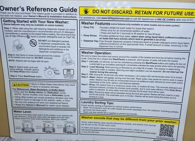 GE Washer Owner s Reference Guide Manual Deep Fill/Rinse 49-90570-3