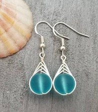 Hawaiian Jewelry Sea Glass Earrings, Braided Small Round Turquoise Earrings