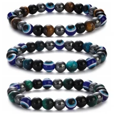 Evil Eye Tiger Eye Stone Bracelets Anxiety Relief Triple Protection Lucky Bangle