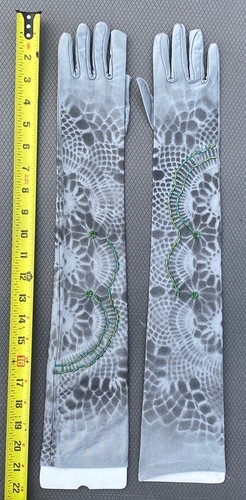 Silver Spandex Hand Beaded Phantomoshop opera length gloves 20” Long Adult L - Picture 5 of 13
