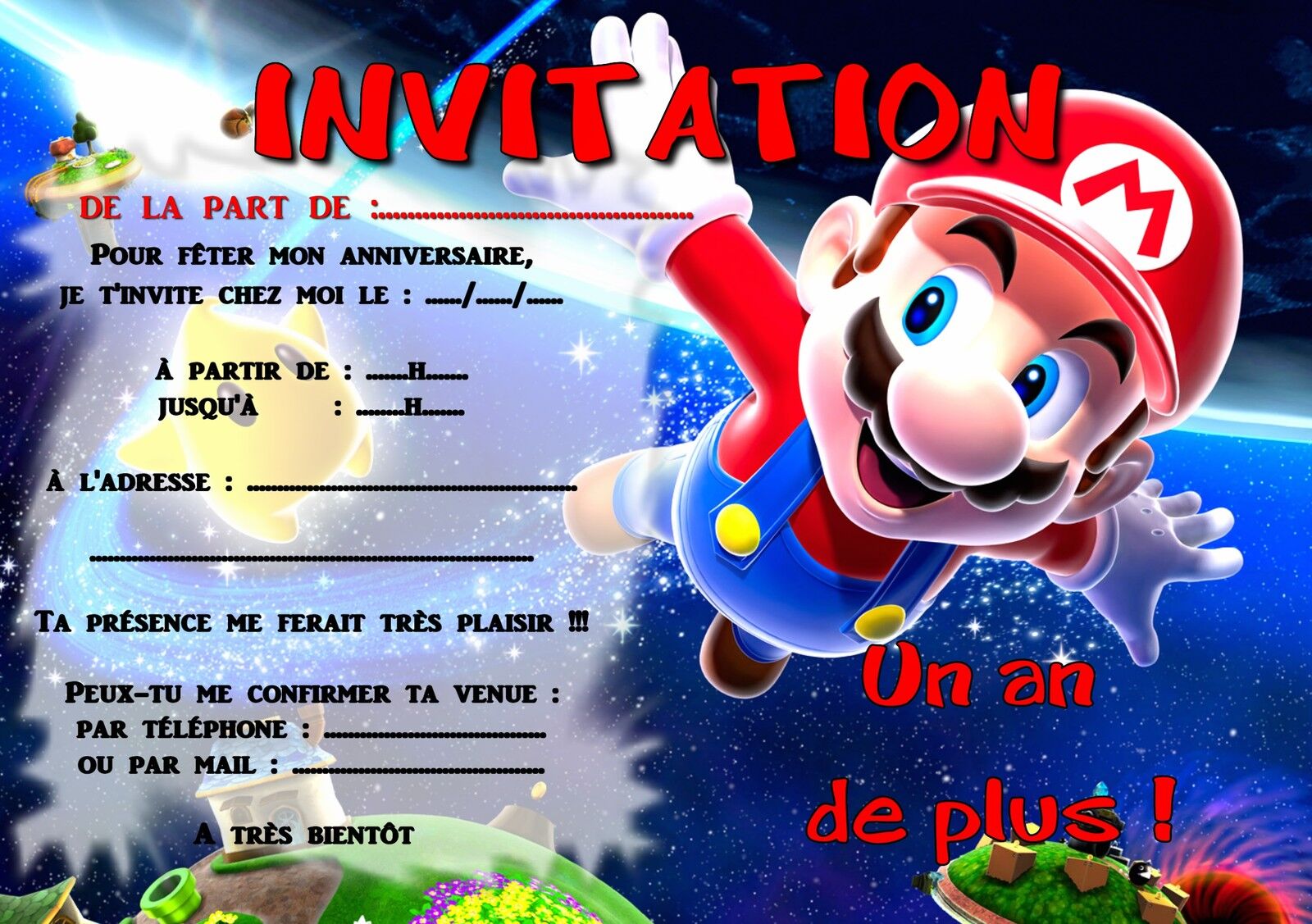 5 ou 12 cartes invitation anniversaire MARIO ref 295