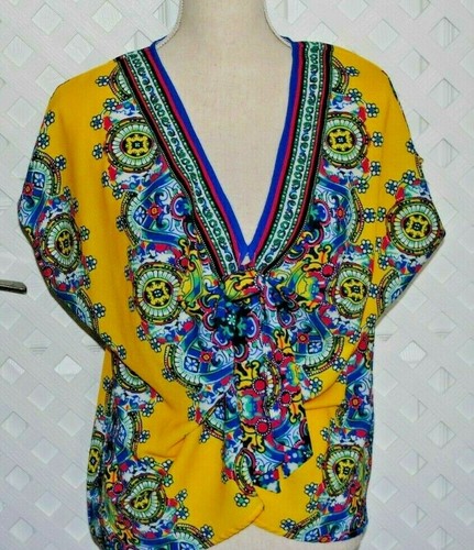 KIKI LARUE Women's Textured Multi-color Print Kimono Sleeve Top Blouse w/ Tie S
