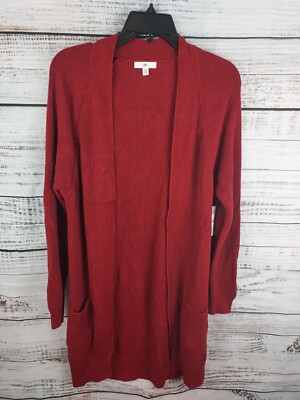 BP Long Cardigan Sweater XXS Red Cotton Open Front Patch Pocket 100% Cotton 