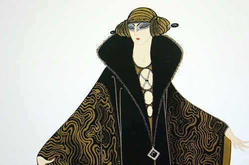 Erte 1982 - GOLDEN CLOAK - Lady in Opera Coat Fur Trim - Art Deco Print Matted - Picture 8 of 8