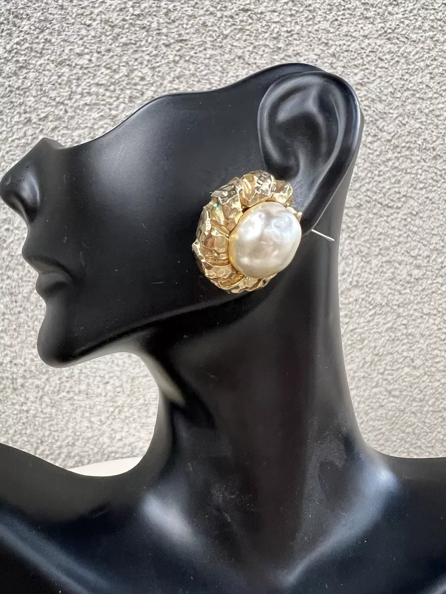 Vintage St John clip on earrings faux raw pearl gold tones textured round