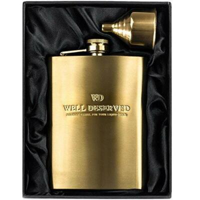 8oz Gold Flask for Liquor + Funnel Set. Proven Gift for Men or