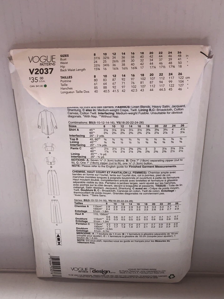 Vogue Patterns 2037 Misses Shirt, CropTop and Pant Sizes 8-16 NEW - Image 2 of 2