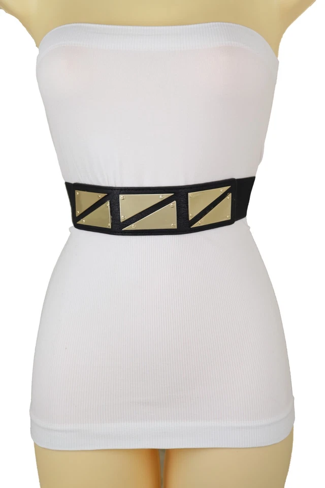 Mujeres Negro Banda Elástica Moda Cadera Cintura Alta Cinturón Dorado Triángulo Hebilla S M Foto 2 de 4