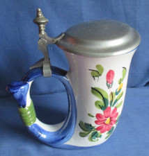 Quist Bierkrug 20 cm mit Zinndeckel bunte Blume handgemalt Trinkhorn Keramik