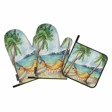 Summer Beach Oven Mitts and Pot Holders Sets Tropical Palm Tree Hammock Heat ...