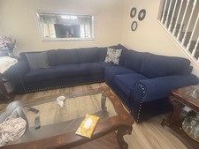 Walker Blue L-Shaped Sectional Sofa, Chenille Upholstery, Nailhead Trim, 6 Seat