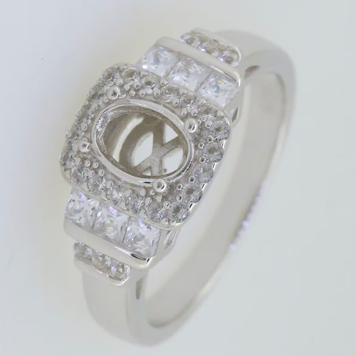 Sterling Silver Semi Mount Ring Setting Oval 7x5mm Halo with White Topaz Accent