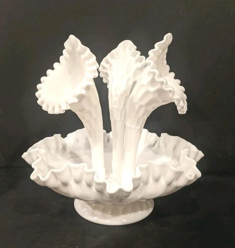 Vintage Fenton Epergne 9" White Milk Glass Thumbprint 3-Horn Flower Vase