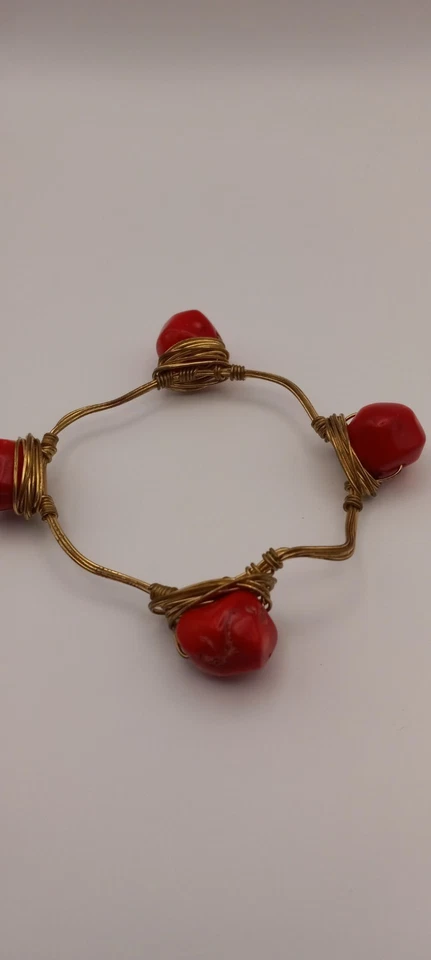 Handmade Brass Bracelet W/ Round Red Coral 8.5in - Image 2 of 4