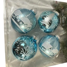 4 Christmas Shoppe Glass Christmas Ornaments Light Blue White Glitter Winter 3"