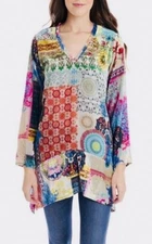 NEW JOHNNY WAS VELVET GIGI PATCHWORK BOHEMIAN BLOUSE TUNIC TOP MEDIUM LARGE $269