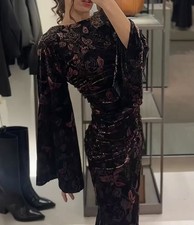 ZARA BLACK/BROWN FLORAL DRAPED OPEN BACK KIMONO LONG SLEEVES VELVET MAXI DRESS