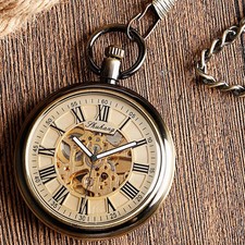 Steampunk Unisex Mechanical Roman Numerals Pocket Watch Open Face Pendant Chain