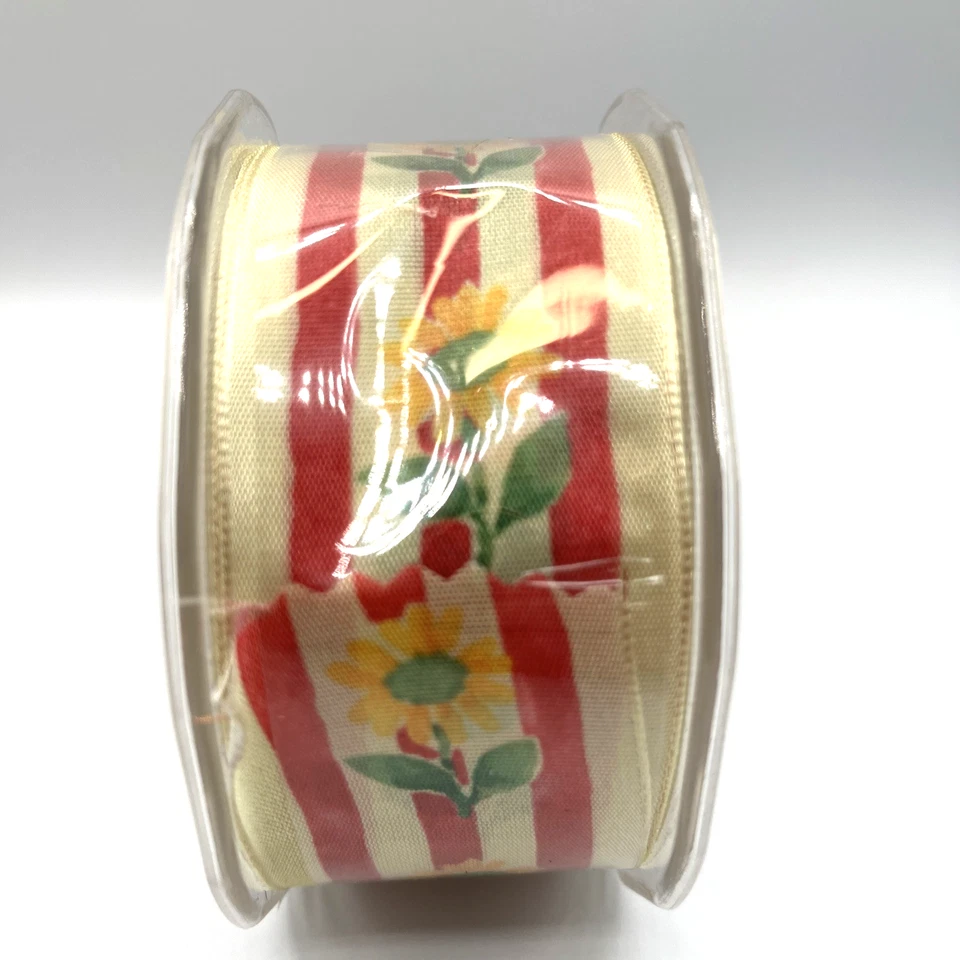 Vintage Sheer Ribbon Yellow w/ Sunflowers Rose Stripes -Wired Edge 27 yards 1.5" - Image 4 of 4