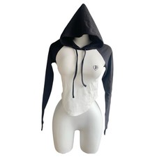 Black White Cropped Hoodie Long Sleeve Lightweight Top Raglan Athletic S