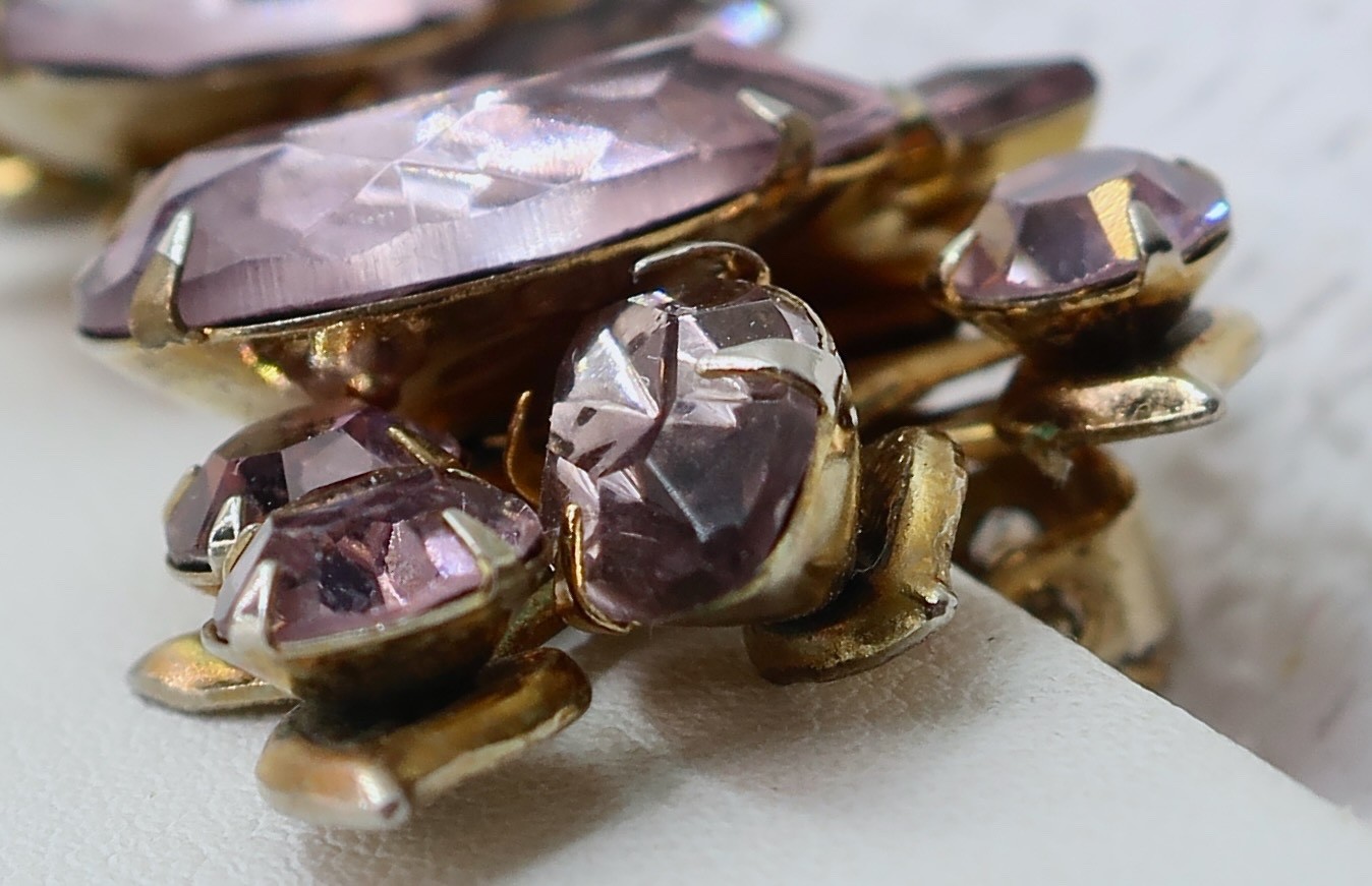 Elegant Vintage Signed BeauJewels Lavender Purple Rhinestone 1.25" Clip Earrings