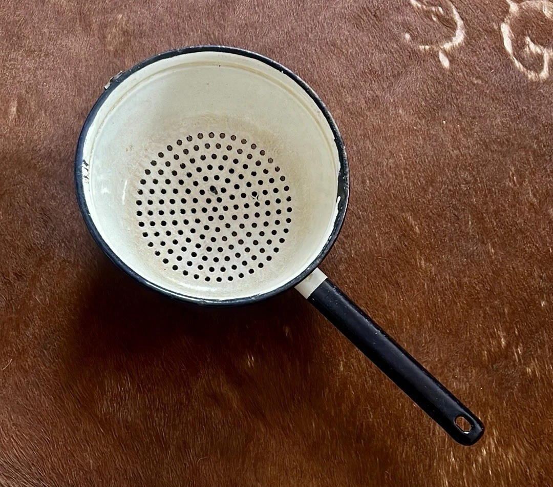 Vintage Enamel Colander Soviet Metal Strainer with Handle