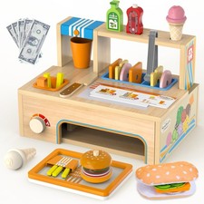 Wooden Play Food Sets Sandwich Counter with Storage, 56 Pcs Foldable Pretend ...