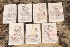 1960’s 7 Vintage Flour Sack Tea Towels KITTENS JOB Theme Hand Embroidered UNUSED