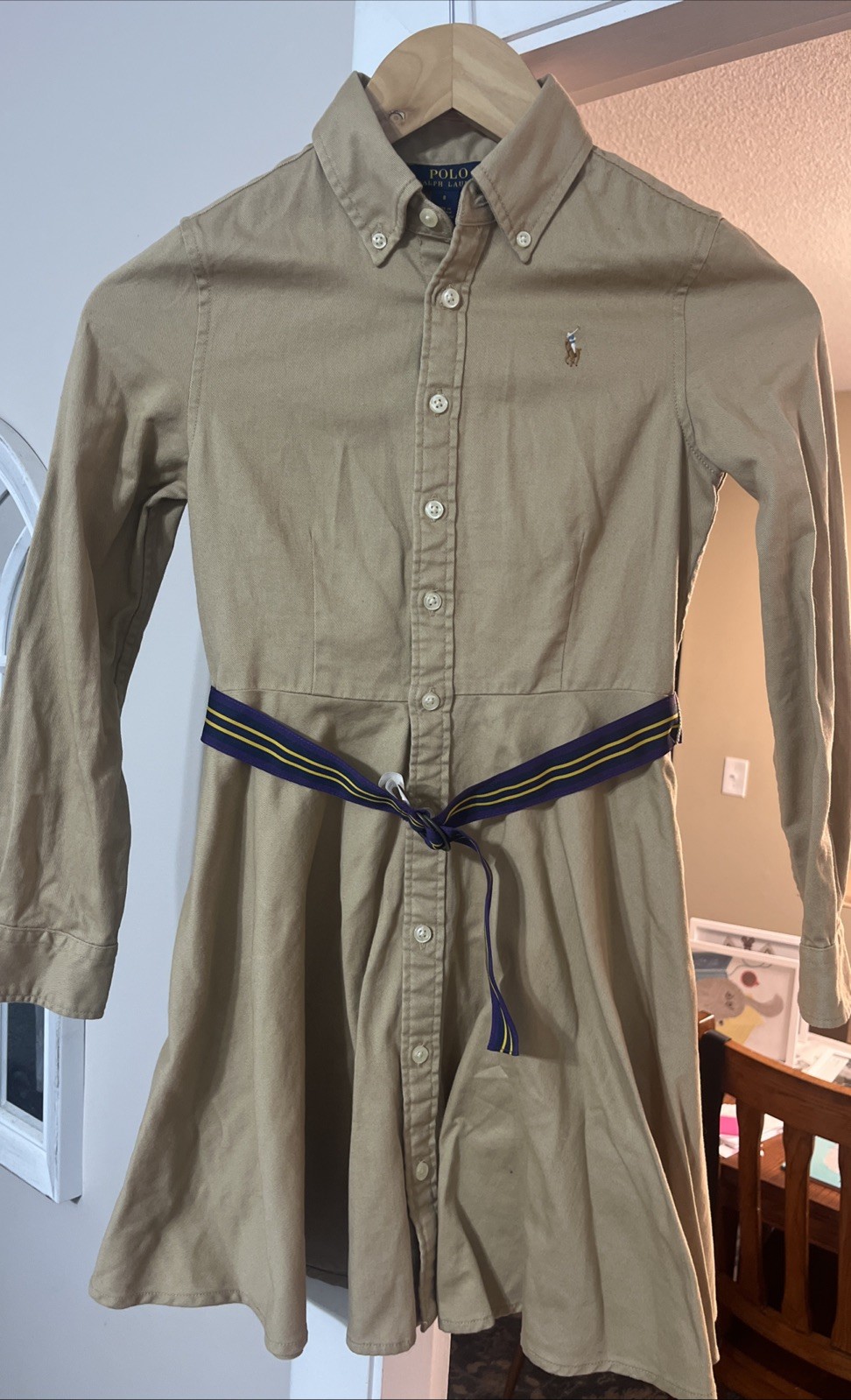 Polo Ralph Lauren Dress Girls Size 8 Khaki Button Front Belted Chino Shirtdress