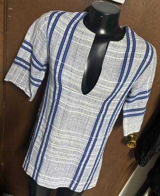 By Malene Birger BMB Linen Blue Gray Plaid Top Tunic Blouse Womens EU 34/US 4 XS