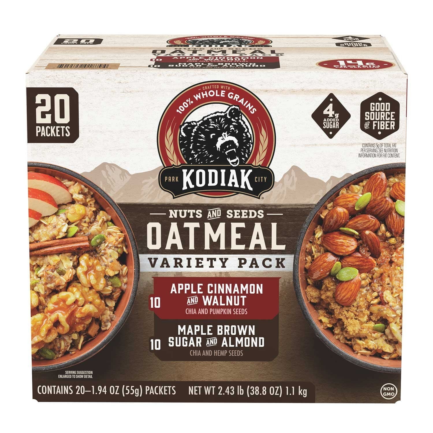 Kodiak Cakes Nuts & Seeds Oatmeal, Variety Pack, 20 pk.