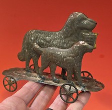 Antique Original 1800s - AMERICAN - DOG'S on WHEELED PLATFORM- TIN PULL TOY