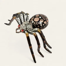 Metal & Enamel Spider Trinket Pill Box Jeweled Rhinestone Signed CR Steam Punk
