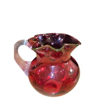 Vintage Cranberry Red Glass Pitcher Ruffled Rim Hobnail Design Small Accent Vase