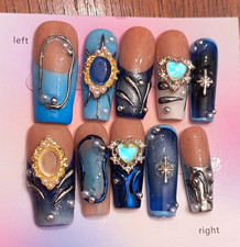 Press-On Nails Medium Coffin Blue Nude Silver...