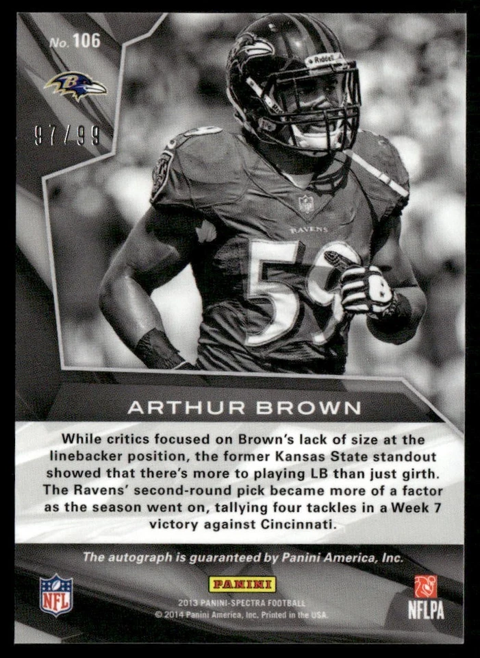 2013 Panini Spectra Arthur Brown Blue Ref SP AUTO RC #97/99 Baltimore Ravens - Image 2 of 2