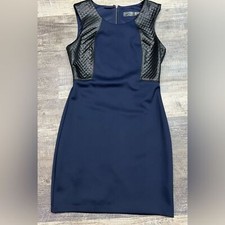 GUESS Navy Faux Leather Trim Open Slit Back Sheath Dress Size 12