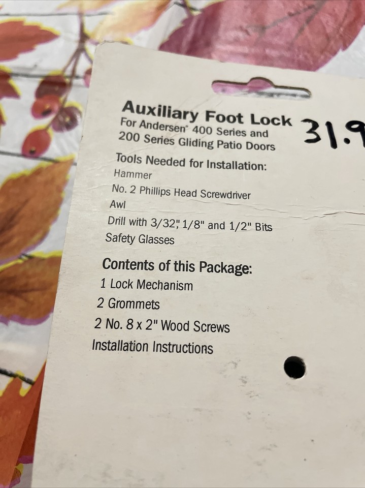 Andersen Gliding Patio Door Auxiliary Foot Lock 200&400 Series White